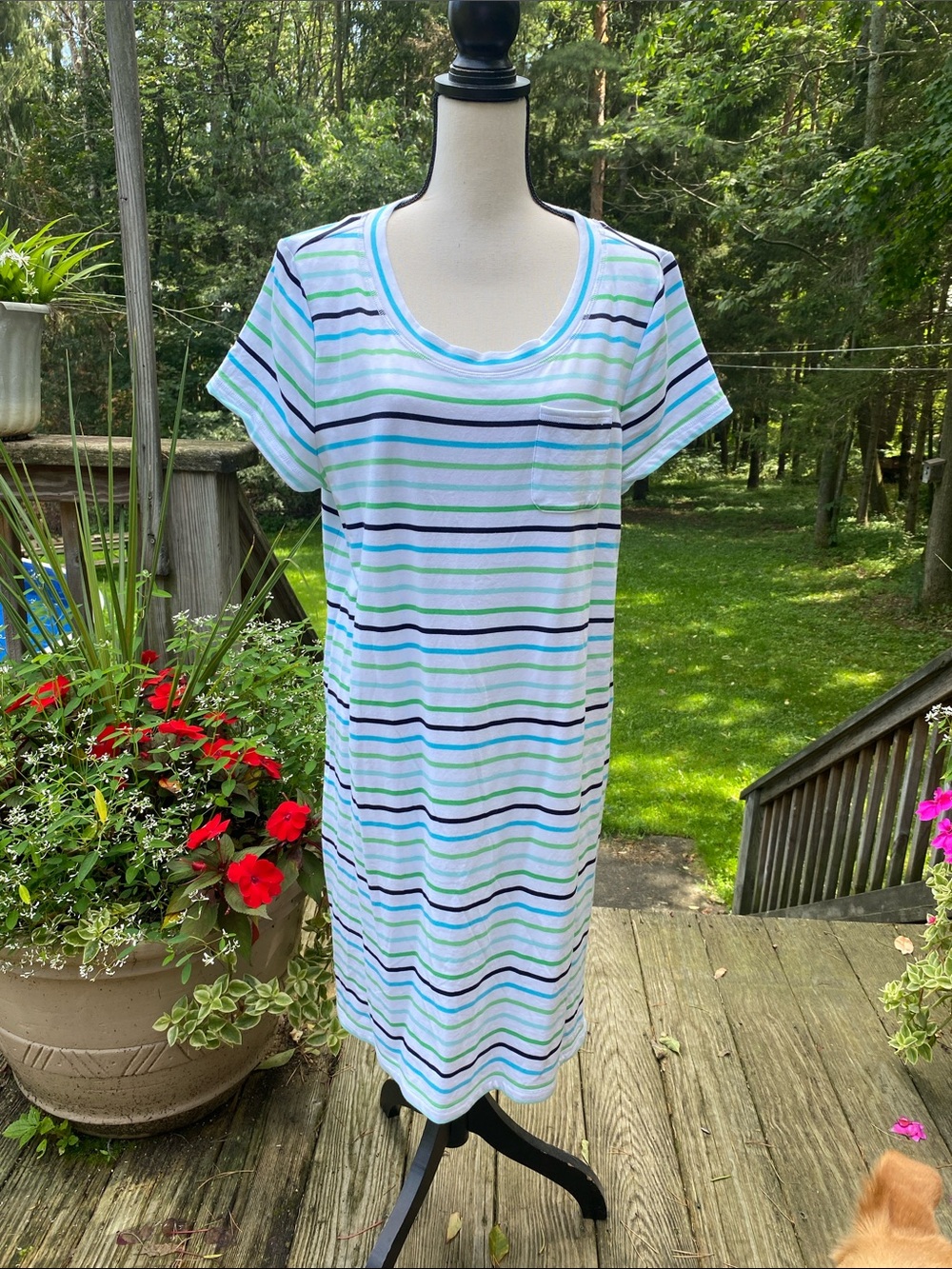Talbots Aqua, Blue & White Striped Midi T-Shirt Dress